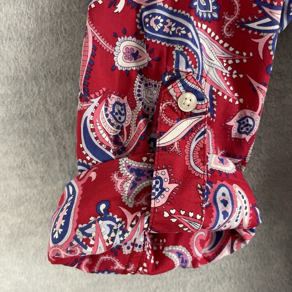 Talbots S Button Up Blouse Red Paisley Long Roll Tab Sleeves 100% Cotton Top - Picture 4 of 11